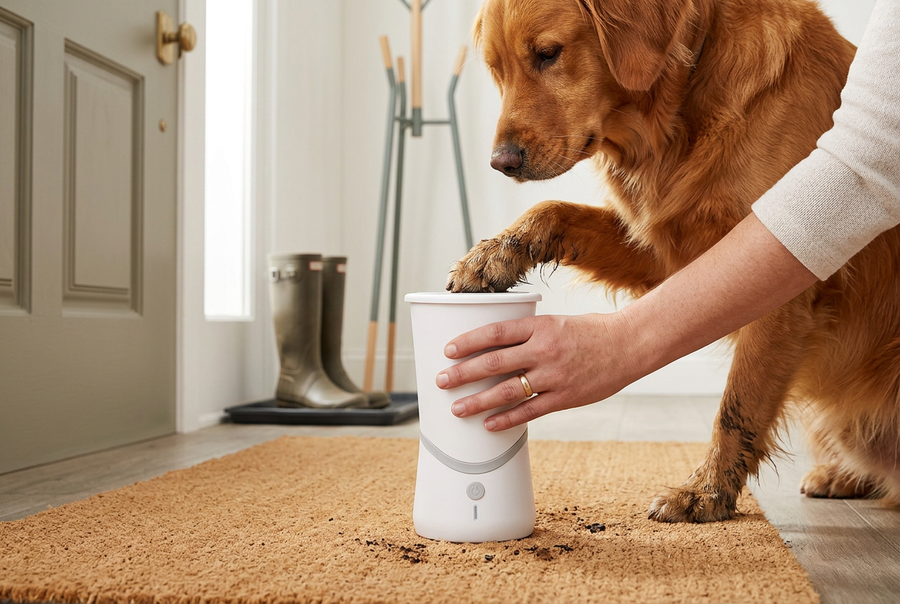 Muddy golden retriever paw being washed in Electric Paw Washer