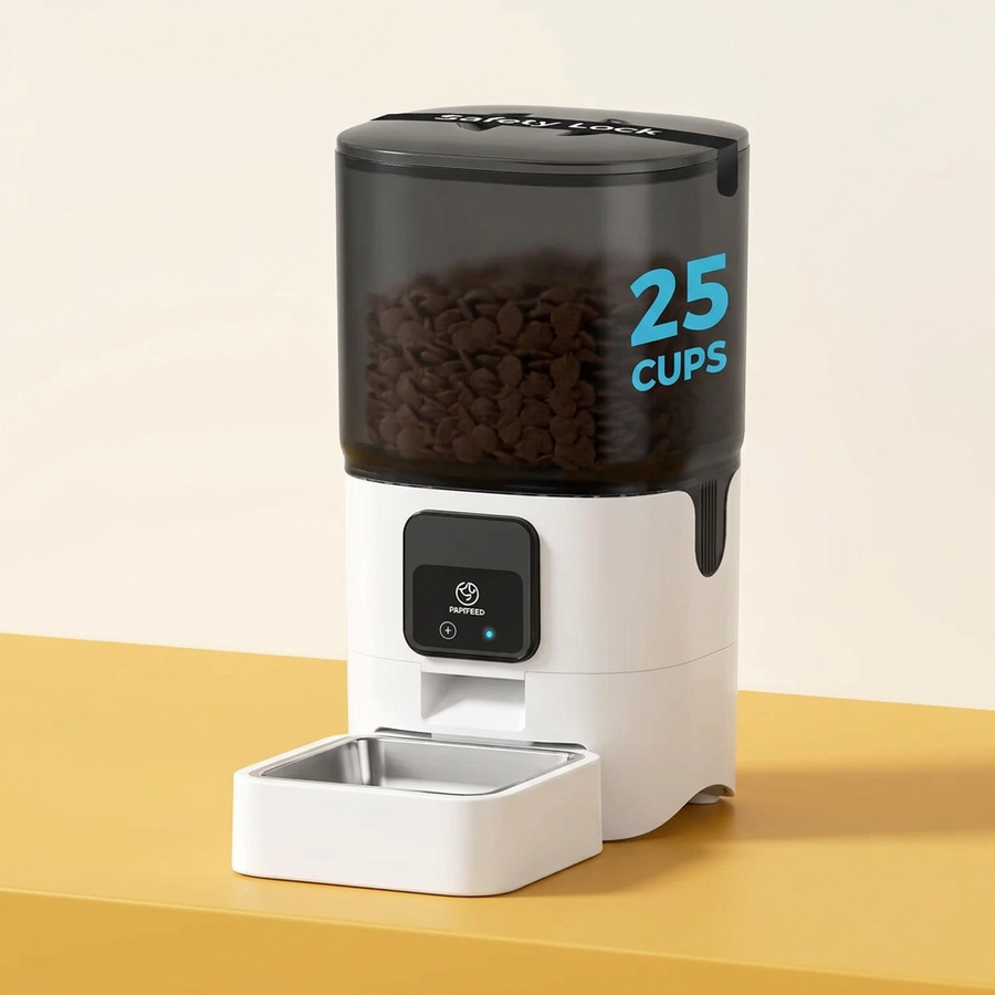 WiFi Automatic Dog Feeder on golden yellow surface