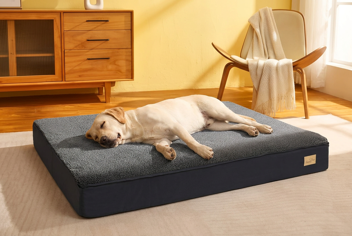 Golden lab sleeping on Jumbo Washable Dog Bed in modern living room