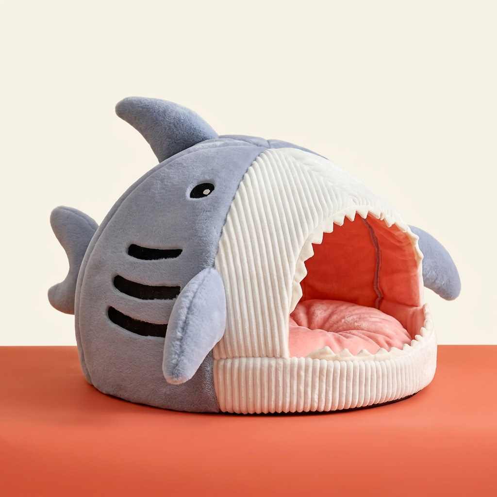 Shark Pet Bed on coral orange surface