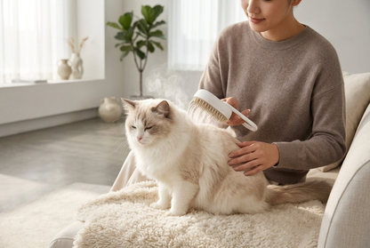 Person grooming a cat with Pet Steam Brush