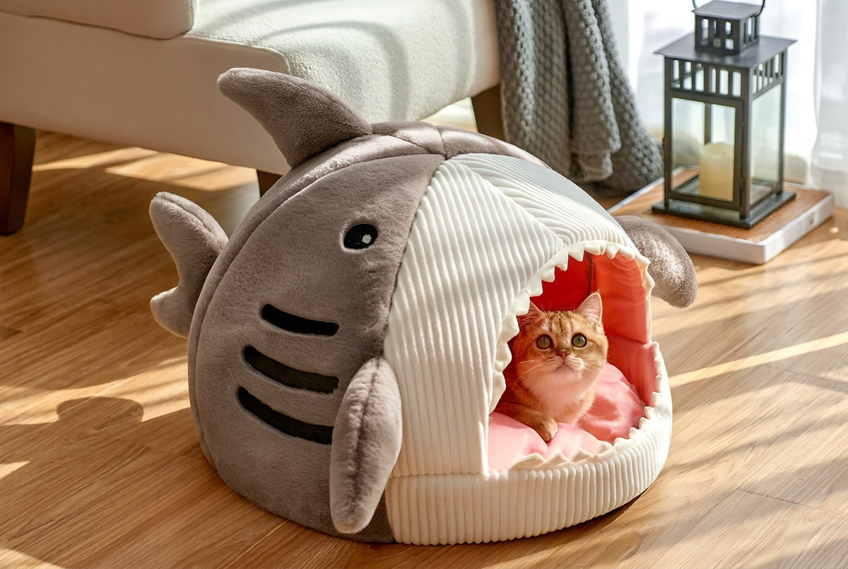 Cat peeking out from Shark Pet Bed in cozy living room