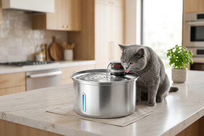 Grey cat drinking from Stainless Steel Cat Water Fountain in modern kitchen