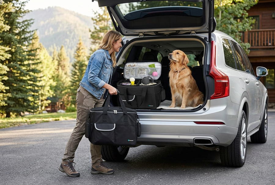 Person loading Dog Travel Bag into SUV with golden retriever