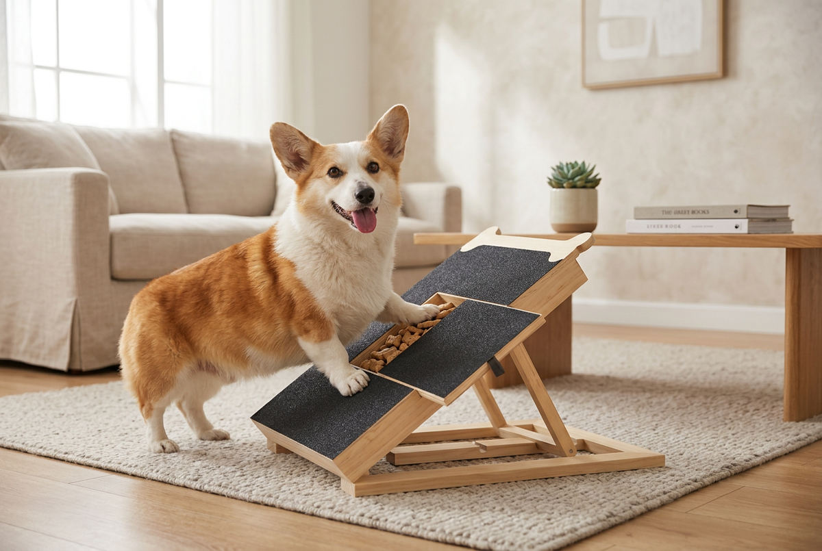 Corgi dog using Bamboo Nail Scratch Board in cozy living room