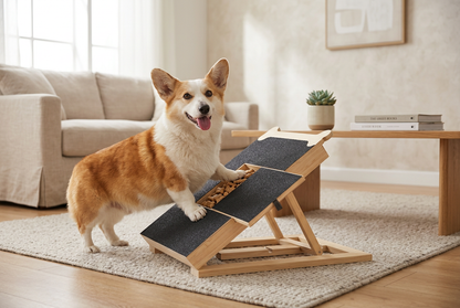 Corgi dog using Bamboo Nail Scratch Board in cozy living room