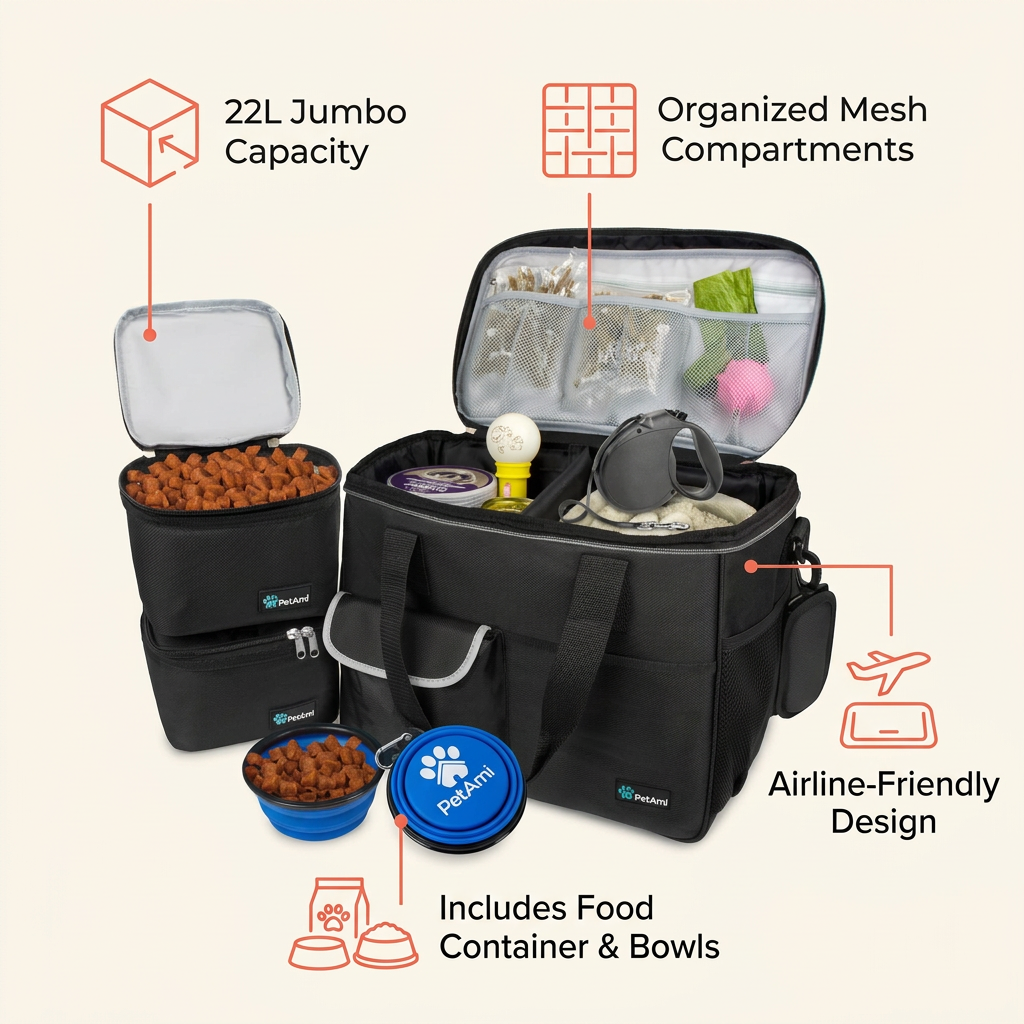 Dog Travel Bag 22L key features callout graphic