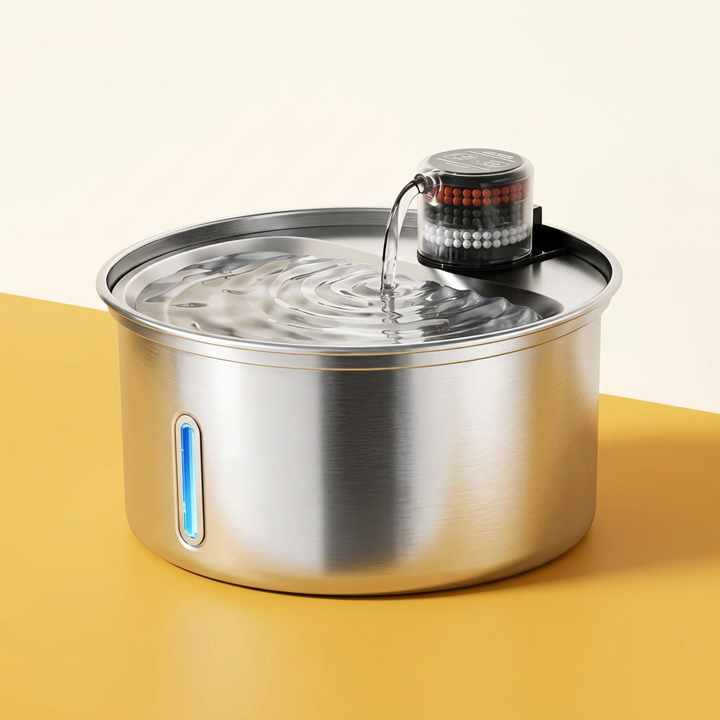 Stainless Steel Cat Water Fountain on golden yellow surface