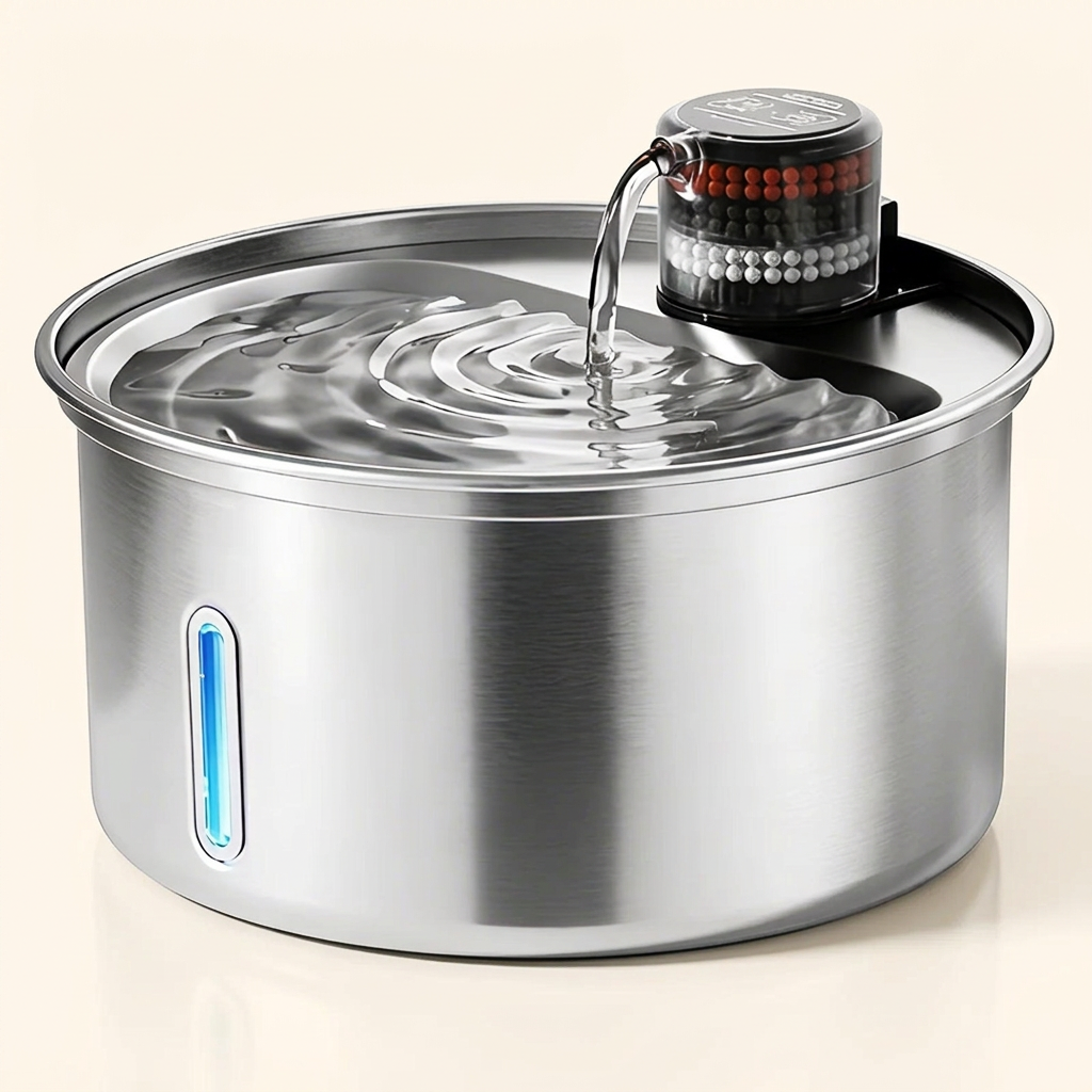 Stainless Steel Cat Water Fountain hero product shot on cream background