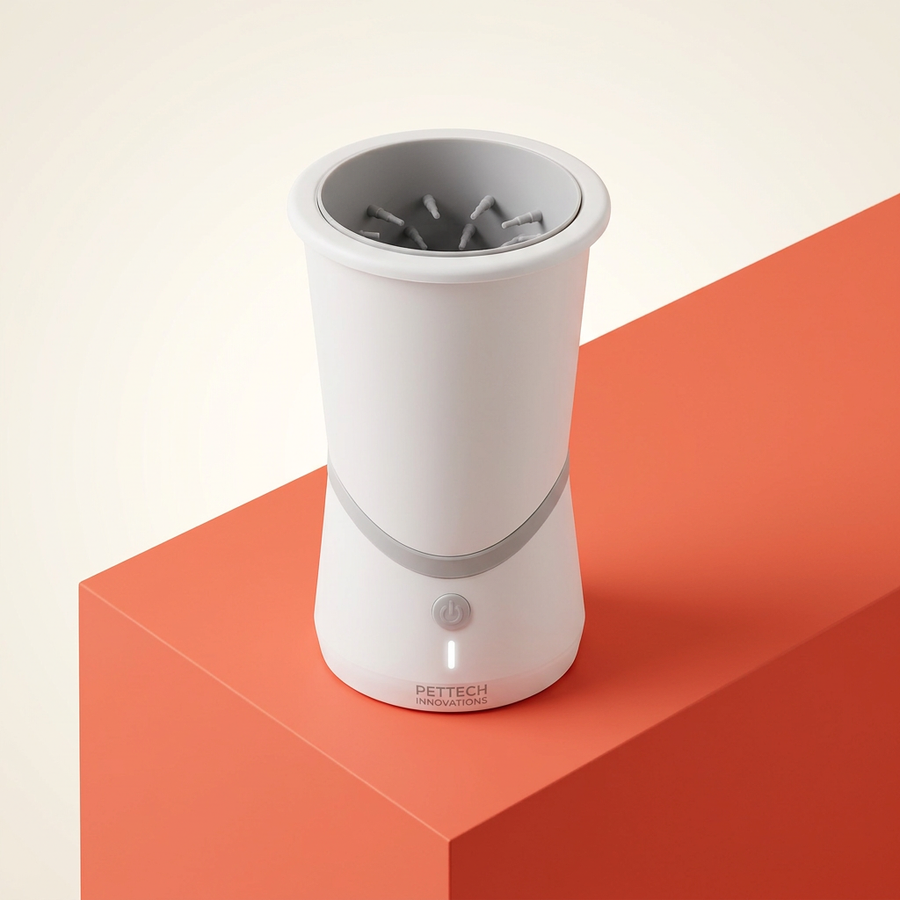 Electric Paw Washer on coral orange surface