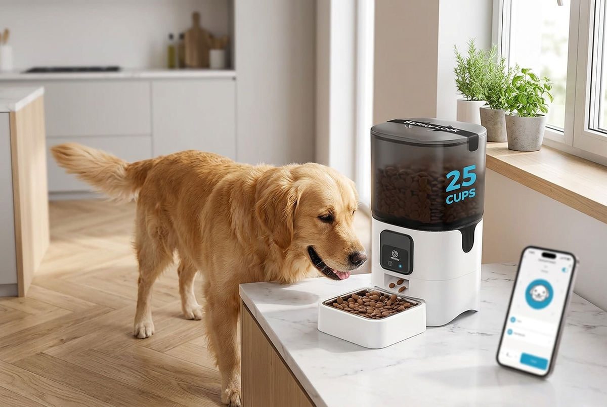 Golden retriever eating from WiFi Automatic Dog Feeder in modern kitchen
