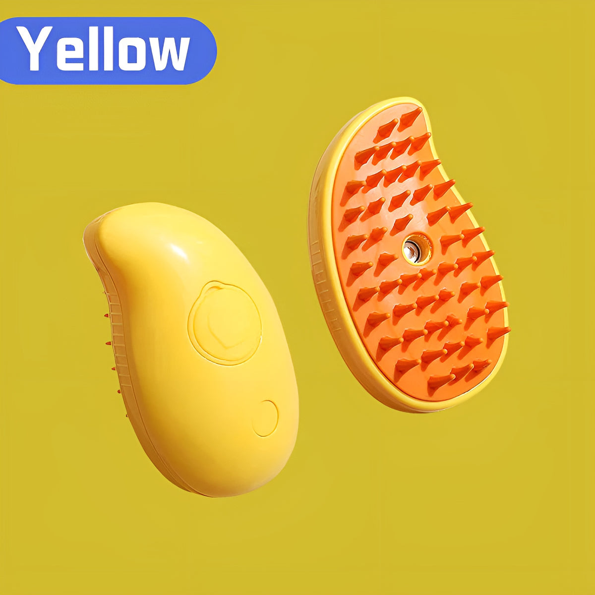 Yellow pet steam brush, front and bristle side