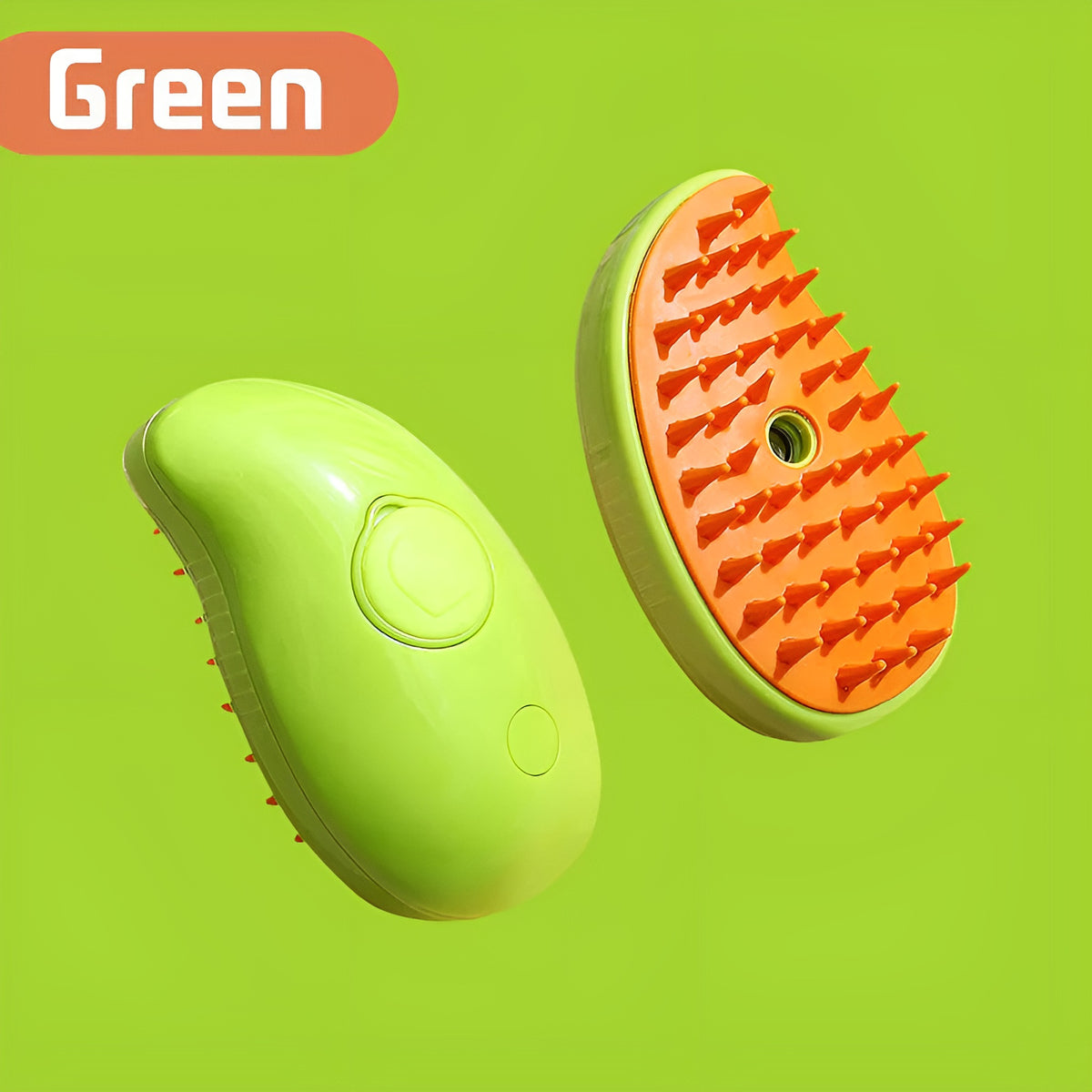 Green pet steam brush, front and bristle side